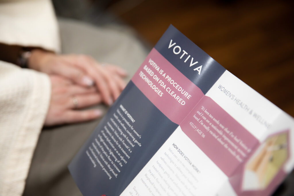 Close up of the Votiva platform brochure, informing the patient on how it supports vaginal health in Cincinnati.