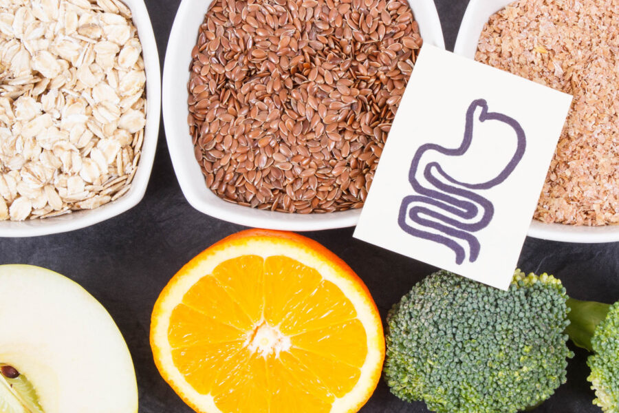 Healthy foods and a drawing of the digestive system to represent GI Map in Cincinnati